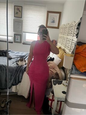 MISHA COLLECTION Fuchsia Ruched Split Maxi Dress